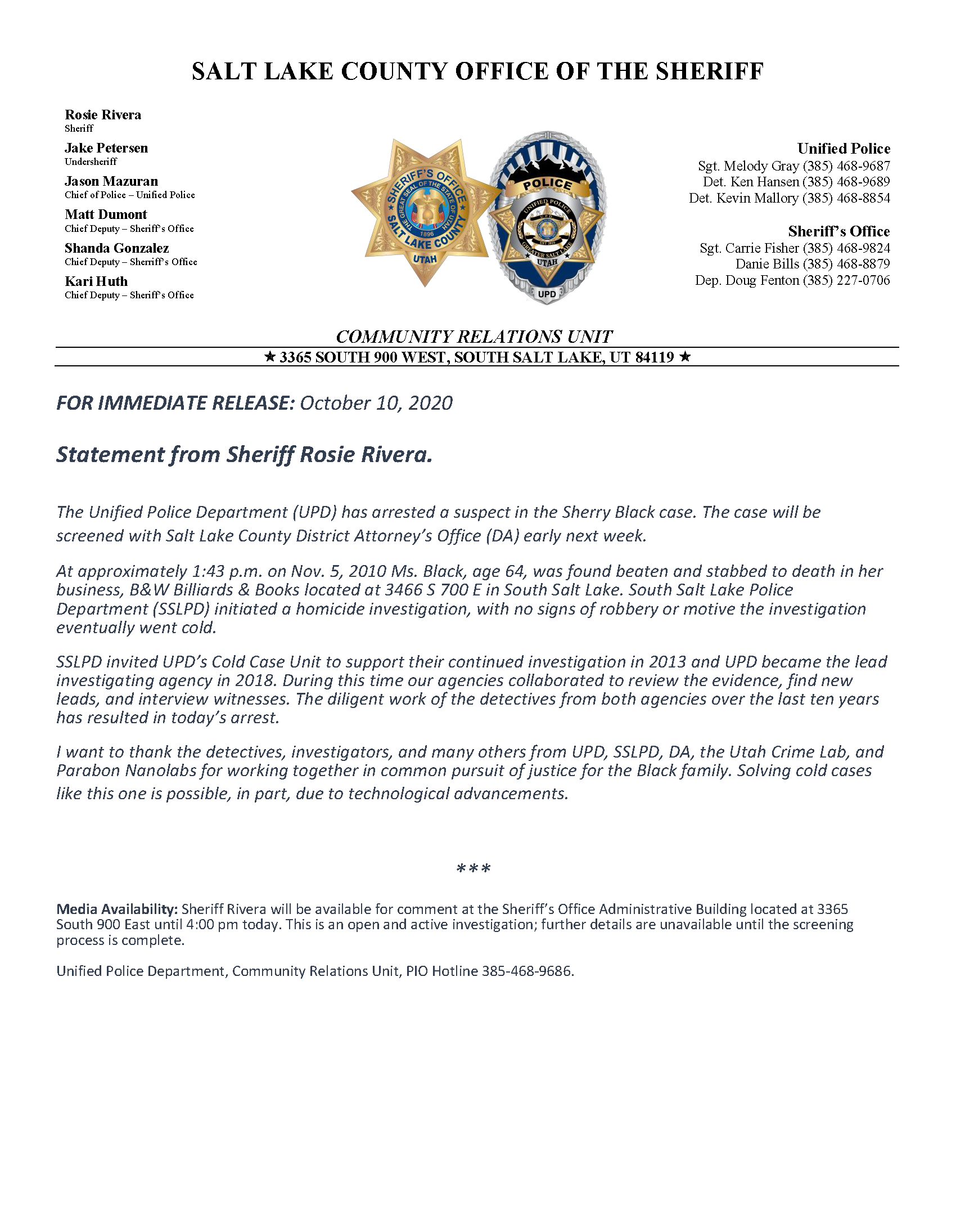 Sherry Black Homicide Arrest Press Release